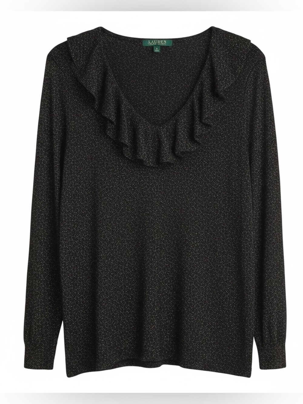 Lauren Ralph Lauren Black & Gold Metallic Sparkle Ruffle V-Neck Sweater Top